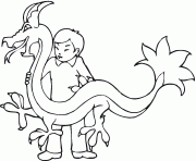 enfant qui joue avec un dragon pour le nouvel an chinois dessin à colorier